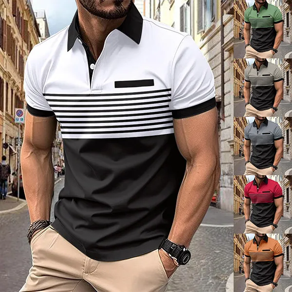 Herren-Poloshirt mit kontrastfarbenem Streifenmuster und kurzen Ärmeln
