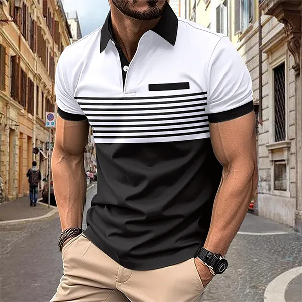 Herren-Poloshirt mit kontrastfarbenem Streifenmuster und kurzen Ärmeln
