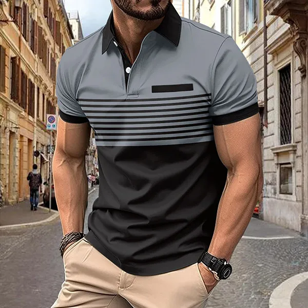 Herren-Poloshirt mit kontrastfarbenem Streifenmuster und kurzen Ärmeln