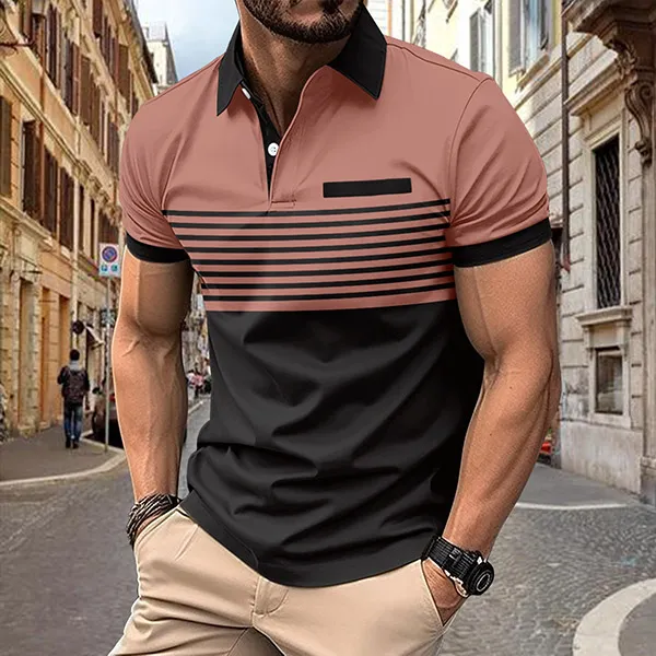 Herren-Poloshirt mit kontrastfarbenem Streifenmuster und kurzen Ärmeln